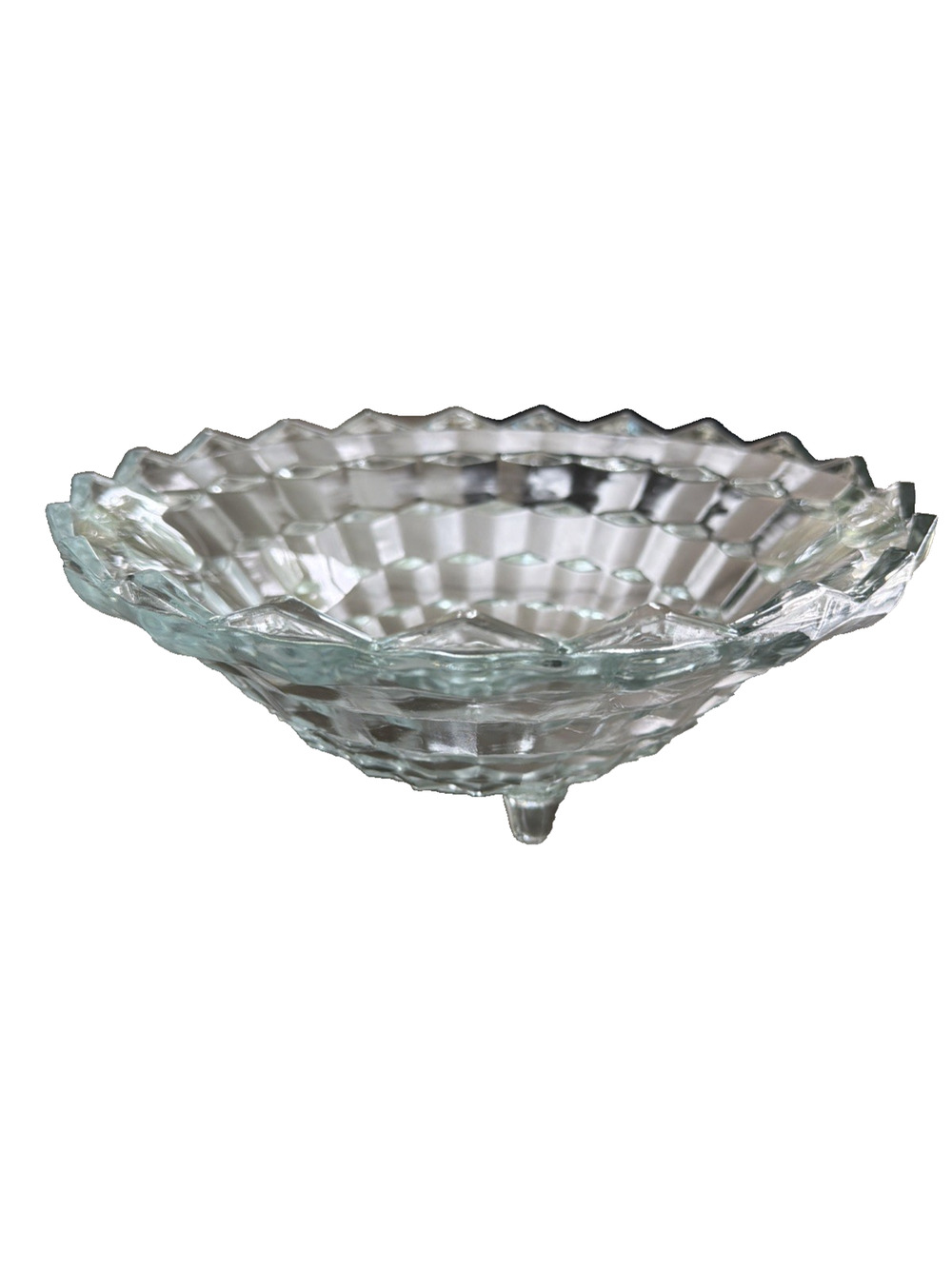 Vtg 10" Indiana Glass Whitehall 3 Footed Crystal Serving Bowl Optic Cube Cubist